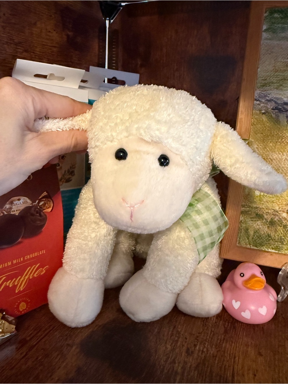 FAO Schwartz Baby Plush Cream Lamb Stuffed Animal with Green Plaid Ribbon